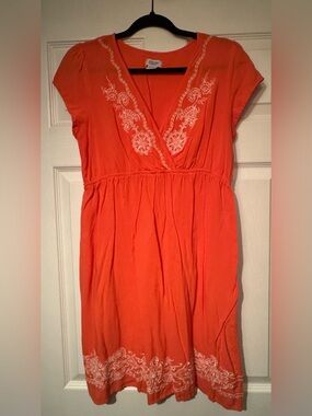 Charming Charlie Sz Large Coral Orange Embroidered V-Neck Mini Dress